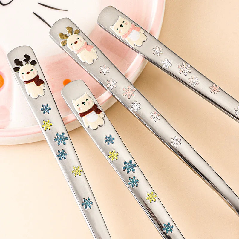 304 Stainless Steel Round Spoon Cartoon Embossed Deer Korean