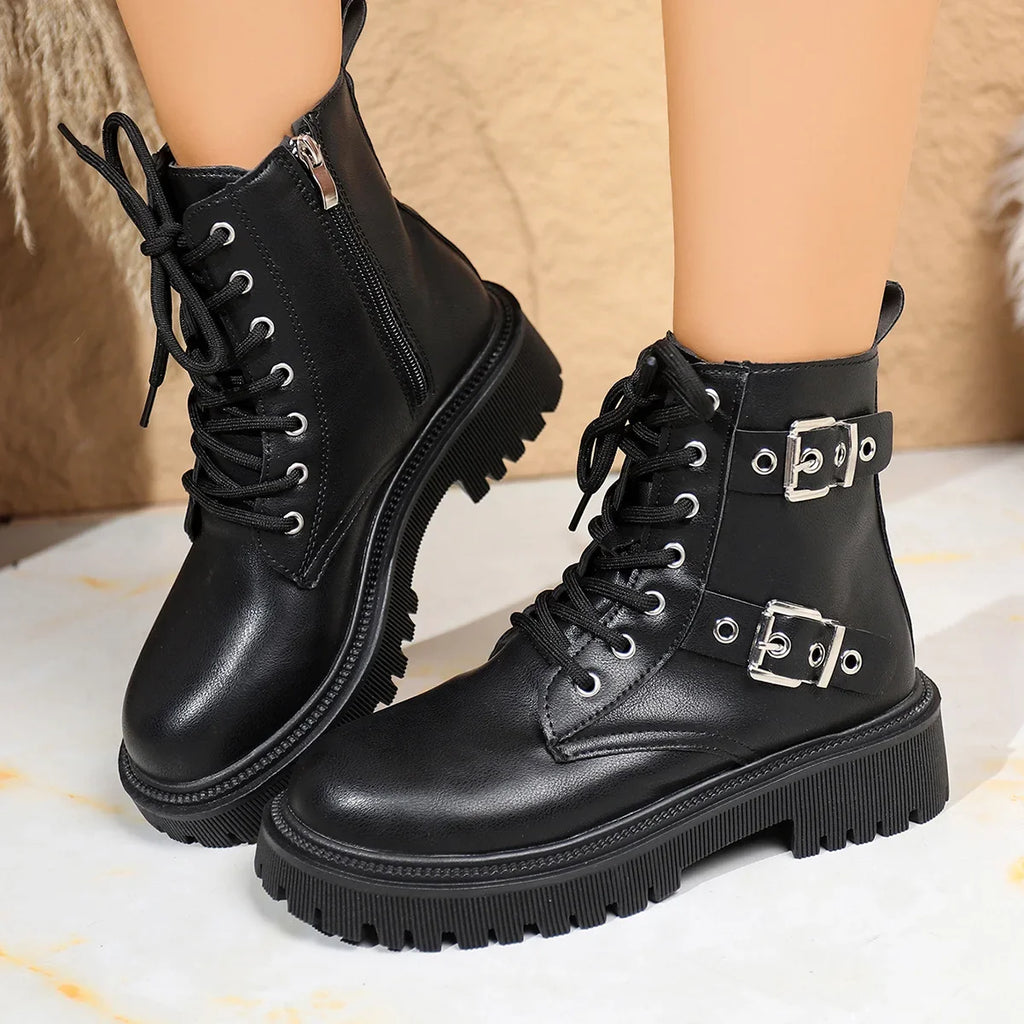 Women's Buckle Lace-Up Ankle Boots | PU Platform Booties
