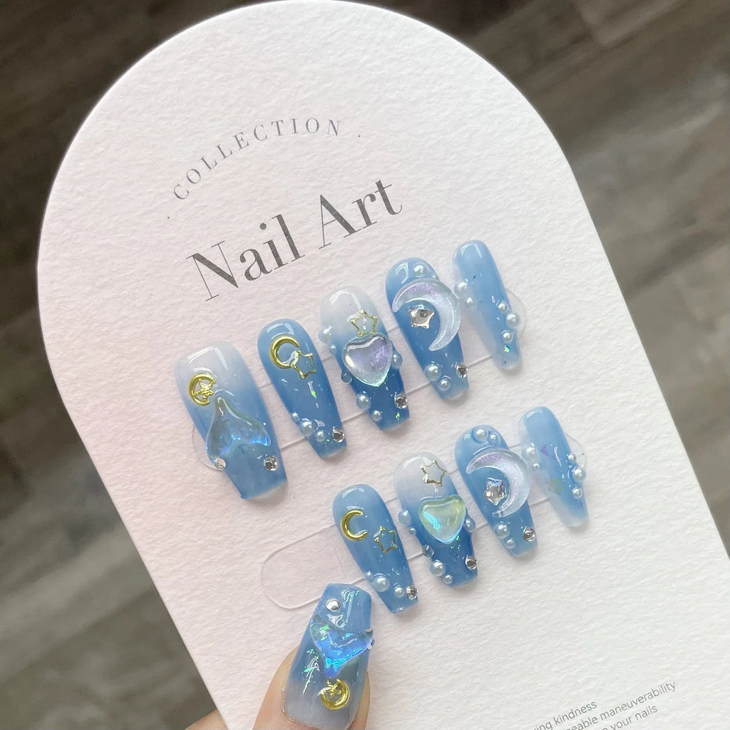 3D Star Moon Press On Nails – Gradient Blue Fairy Style
