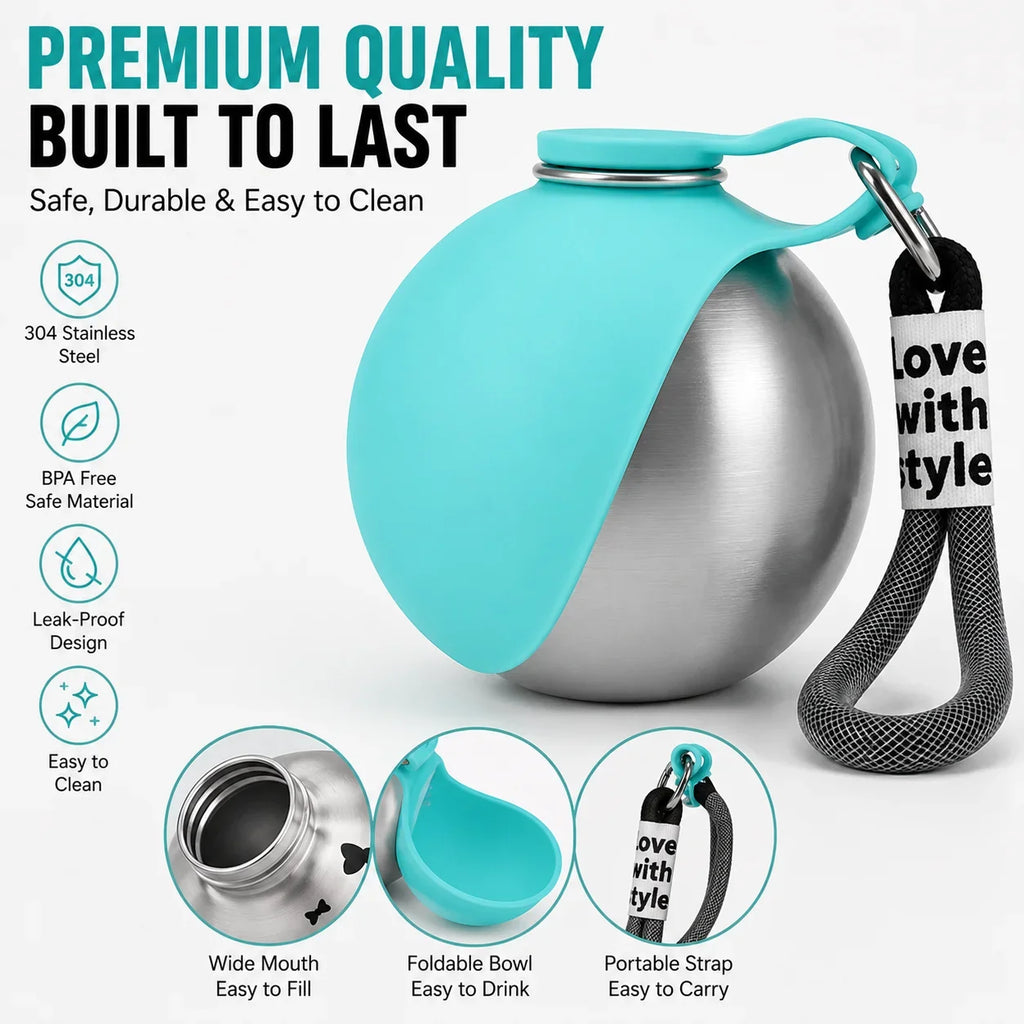 Portable Stainless Steel Pet Water Bottle with Silicone Bowl