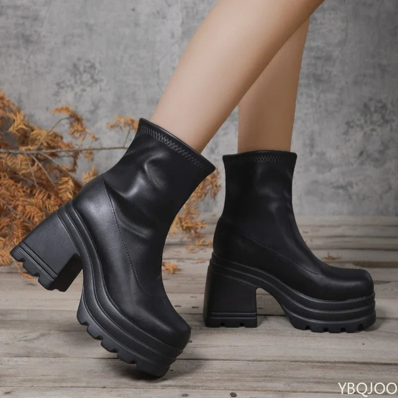 Women's Platform Block Heel Zip Mid-Calf Boots | Large Sizes