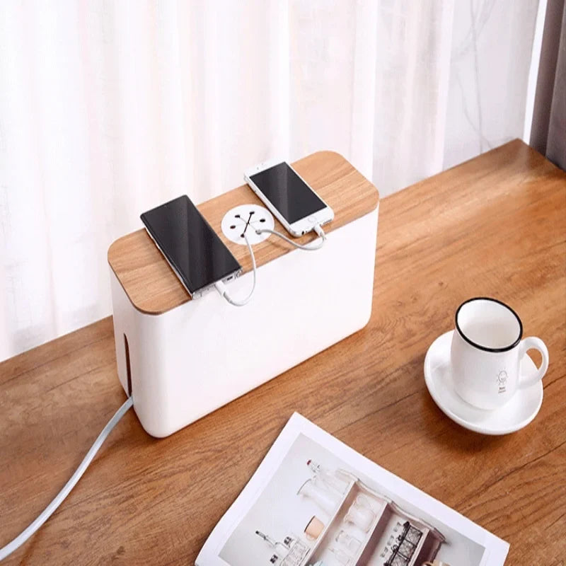 Wooden Cable Storage Box Dustproof Chargers Container Multi