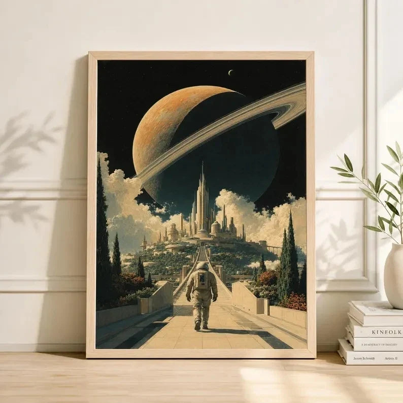 Retro Astronaut Saturn Sci-Fi Space Canvas Wall Art Print