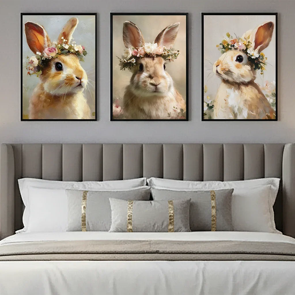 Vintage Floral Rabbit Canvas Wall Art | Bunny Flower Crown Print