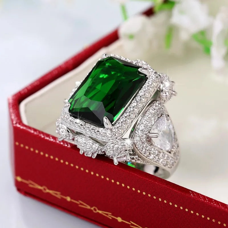 Huitan Green CZ Geometric Ring – Iced Out Silver Statement