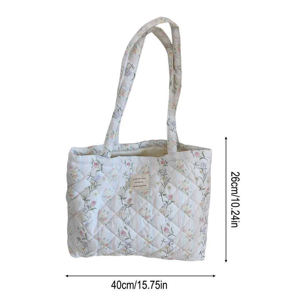 French Floral Quilted Tote Bag – Large Canvas Shoulder Handbag
