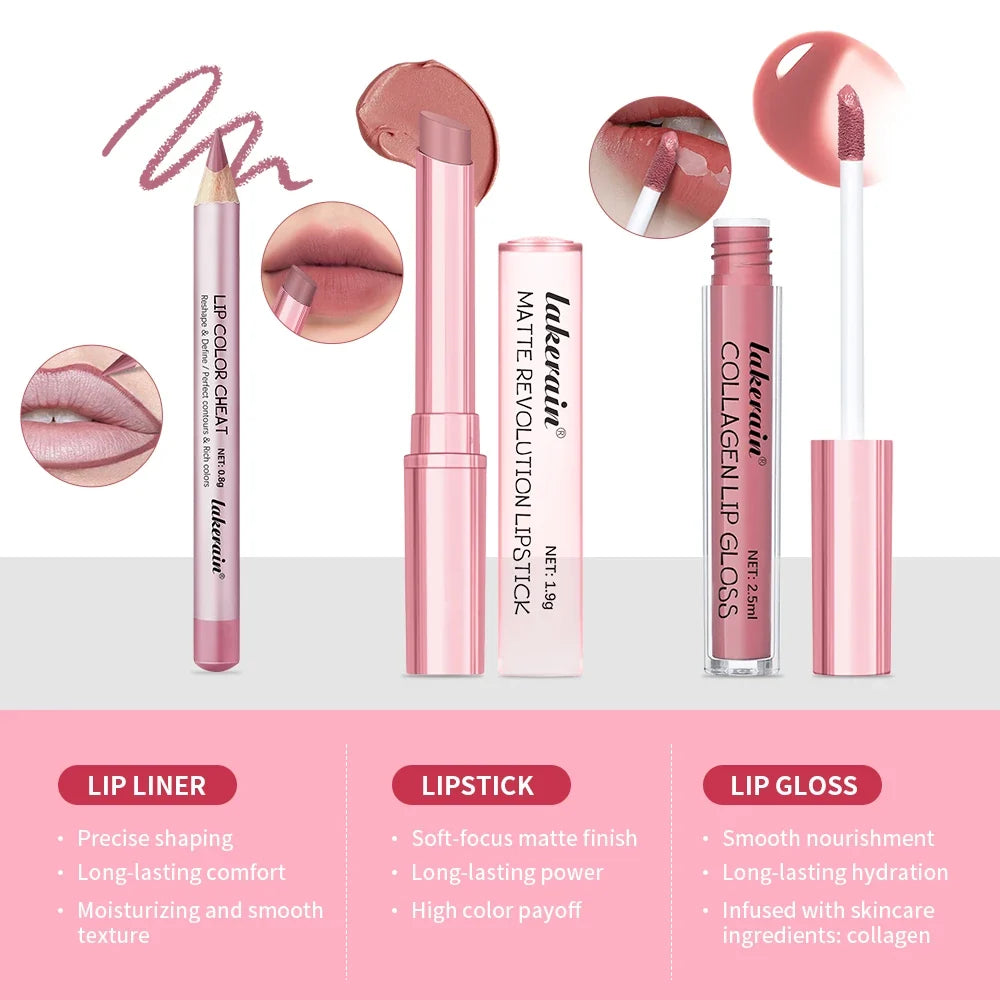 Lakerain 3-Piece Mini Lip Kit – Liner, Matte Lipstick & Gloss