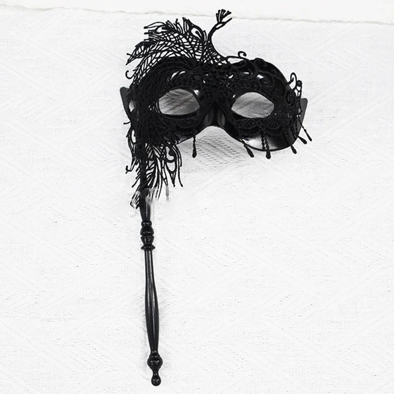Venetian Masquerade Mask Holding Stick Women Feather Mardi Gras Masks