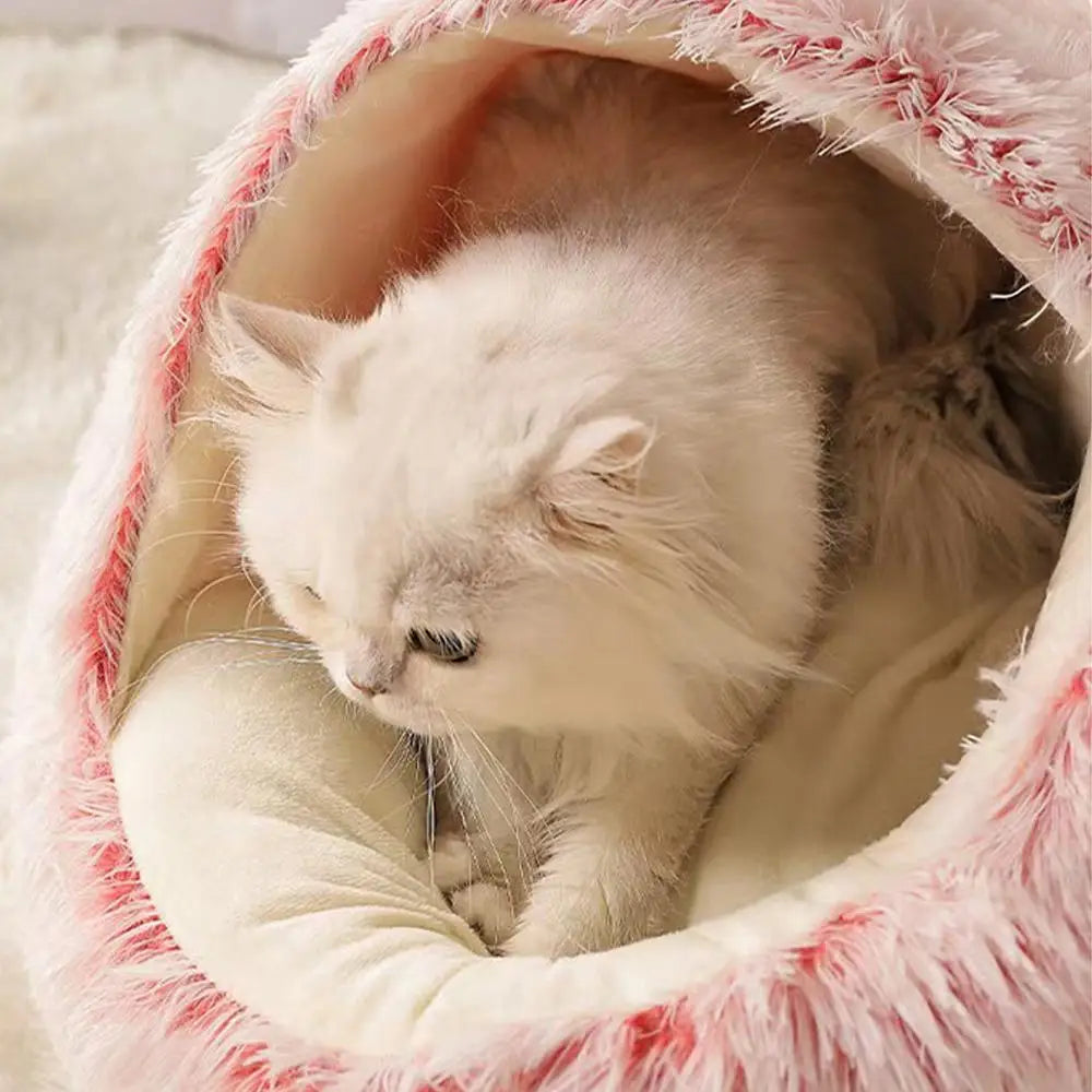 Winter Plush Round Cat Bed – Warm Semi-Enclosed Pet Nest