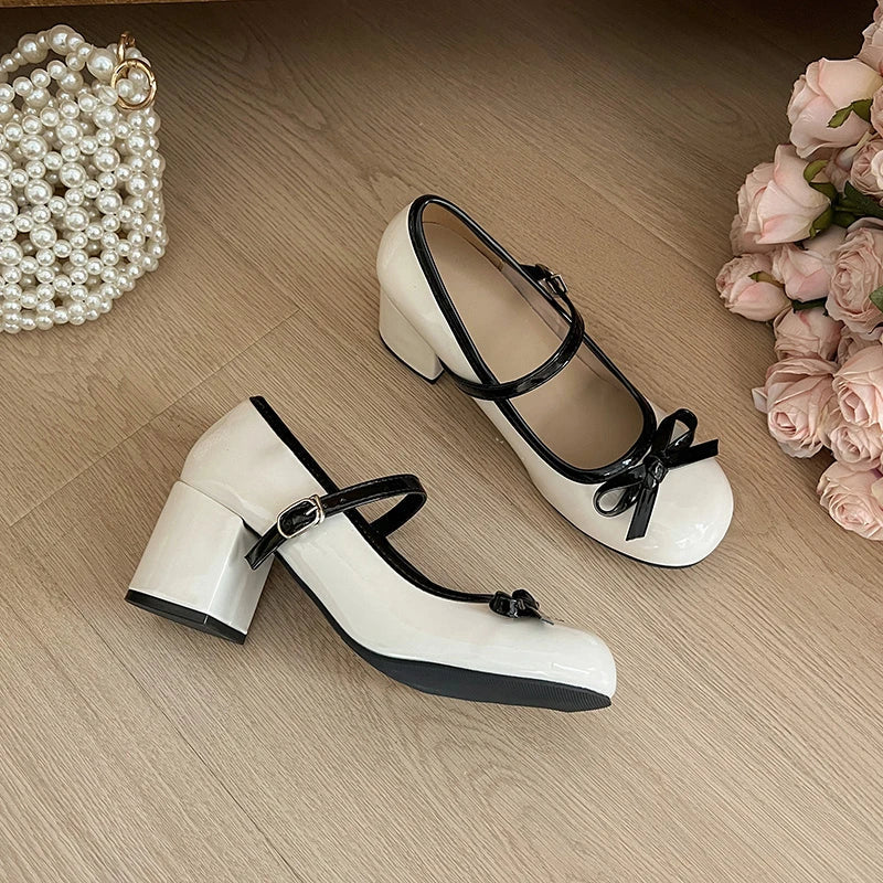 Women's Mary Jane Block Heel Pumps – Buckle Butterfly-Knot