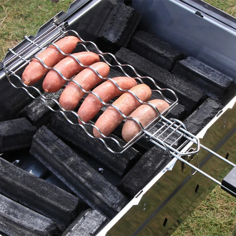 Hot Dog Grill Basket – 6-Sausage BBQ Rack with Wooden Handle