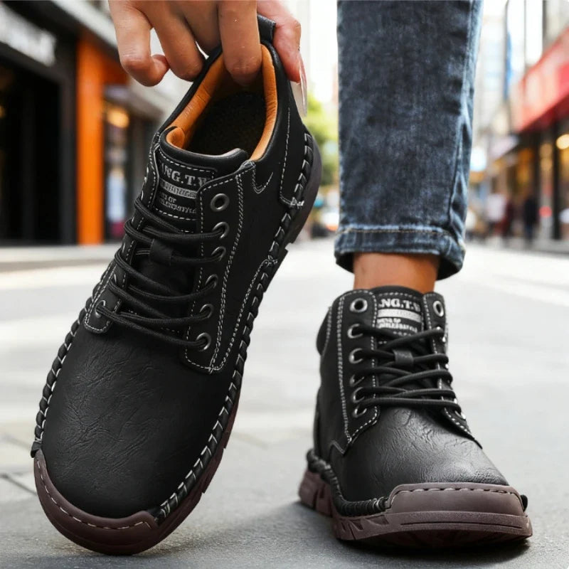 DQTBE Men's Lace-Up Leather Casual Sneakers | Breathable Flats