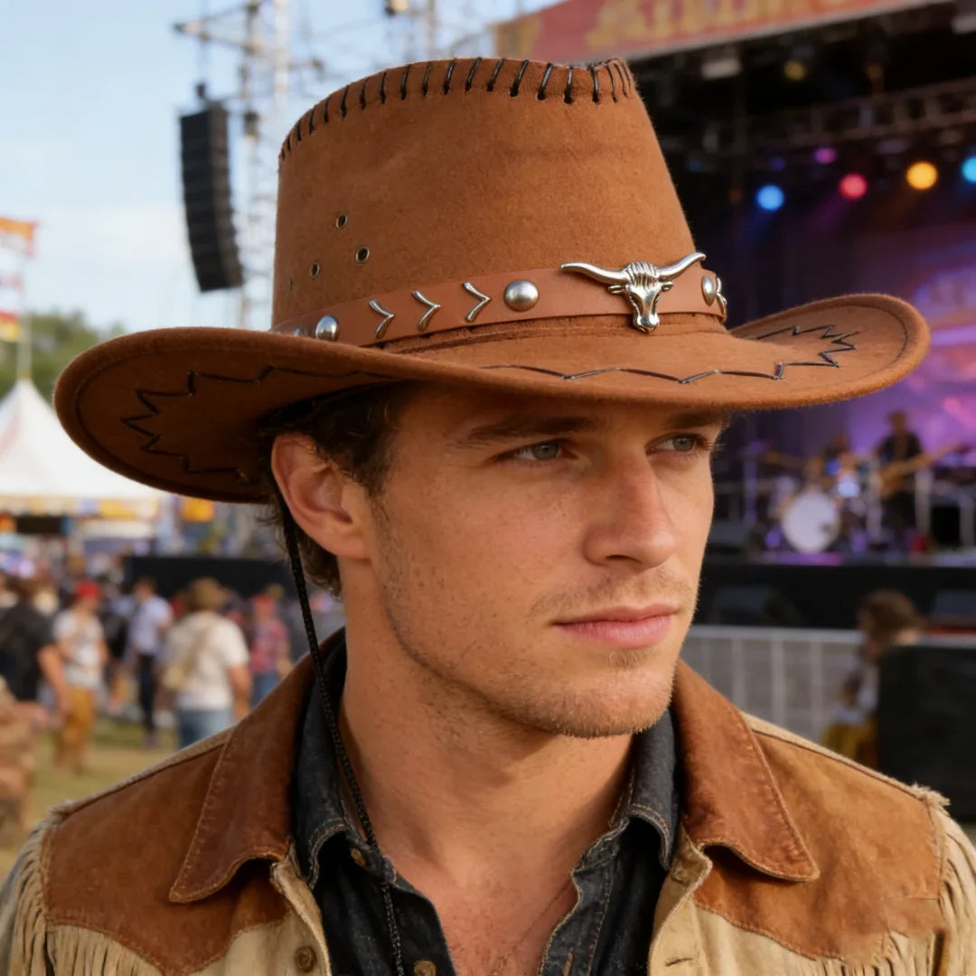 Vintage Brown Faux Suede Western Cowboy Hat Bull Skull Arrow Stitch