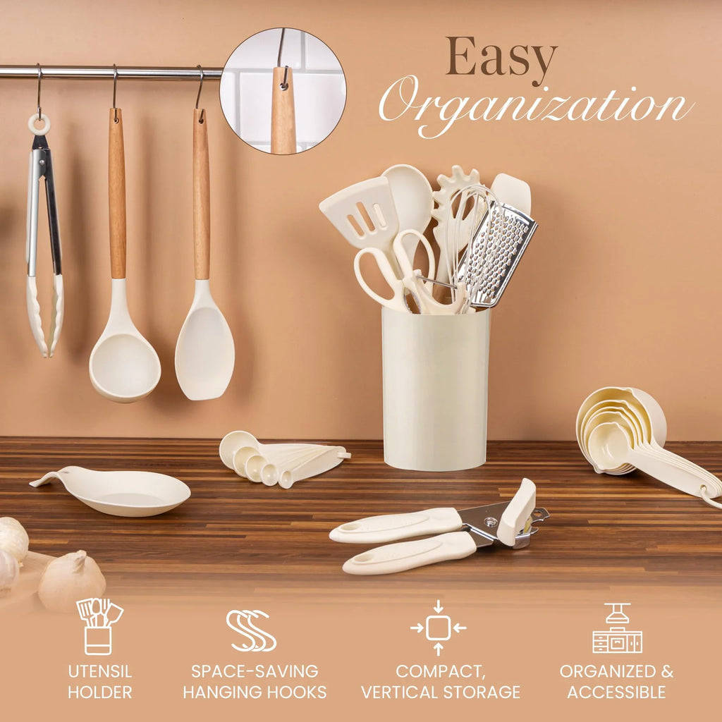 Silicone Kitchen Utensil Set – Wooden Handle Cooking Tools