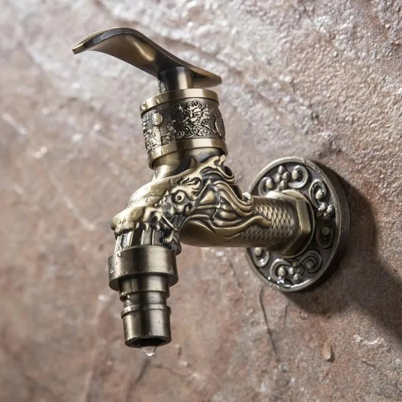 Antique Bronze Zinc Alloy Faucet Carved Wall Mount Tap Outdoor Garden