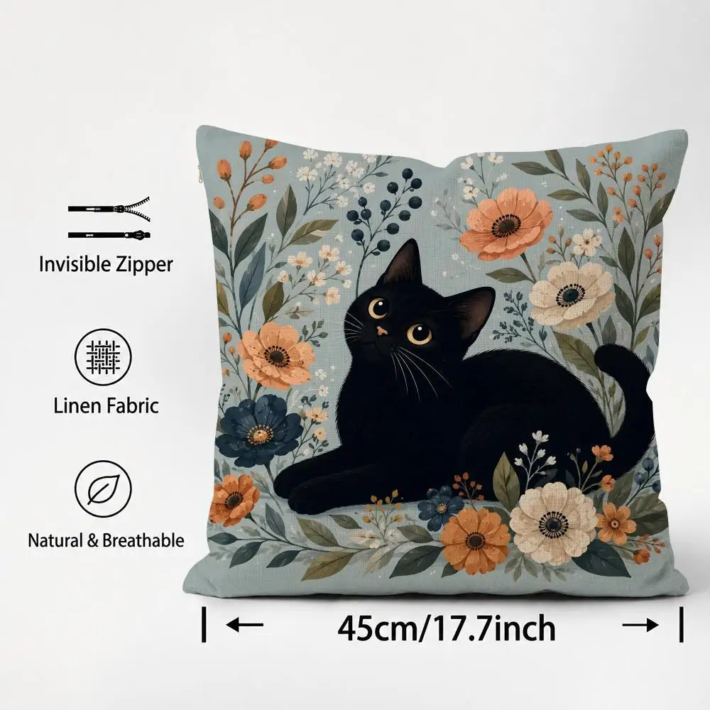 Black Cat Floral Linen Cushion Cover | Sofa & Bedroom Decor