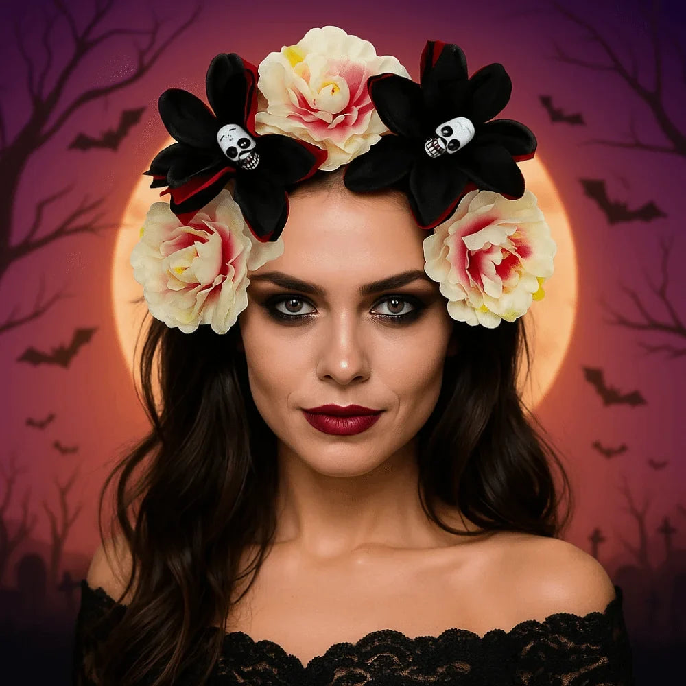 Gothic Skull Flower Headband | Halloween Hair Hoop Costume