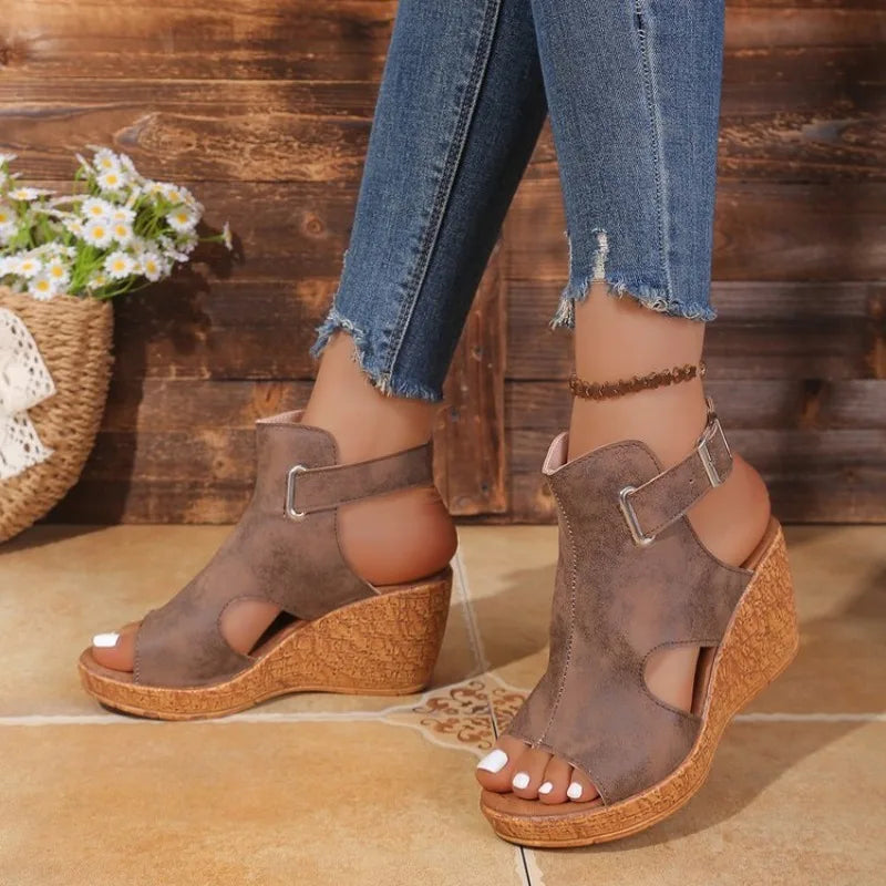 Women's Open Toe Wedge Sandals – Ankle Buckle Strap