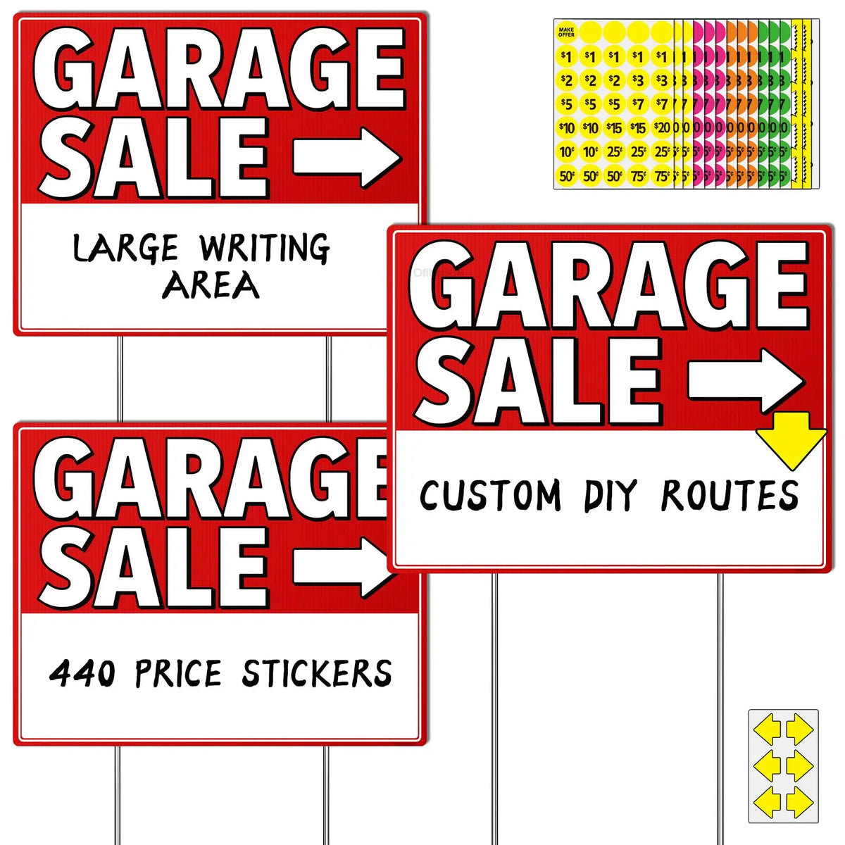 Garage Sale Sign Kit 17x13" | 12 Signs, Stakes & 440 Stickers