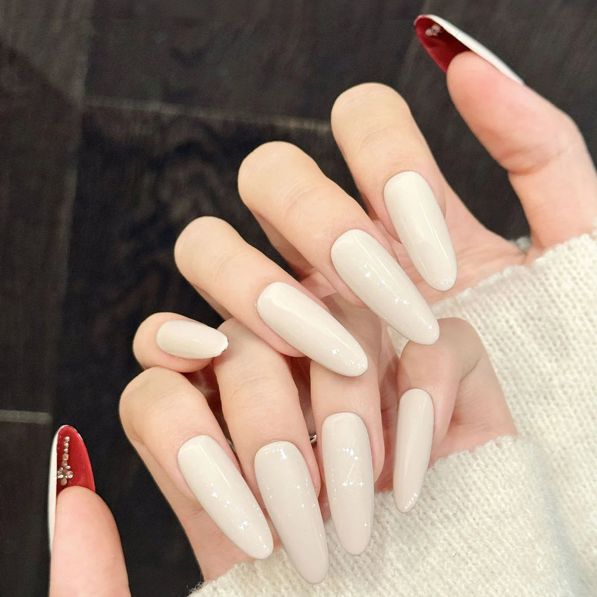 Handmade Almond Press-On Nails | Red Nude Velvet – 10pcs Set