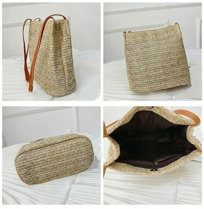 Women's Straw Rattan Woven Beach Bag – Boho Shoulder Tote