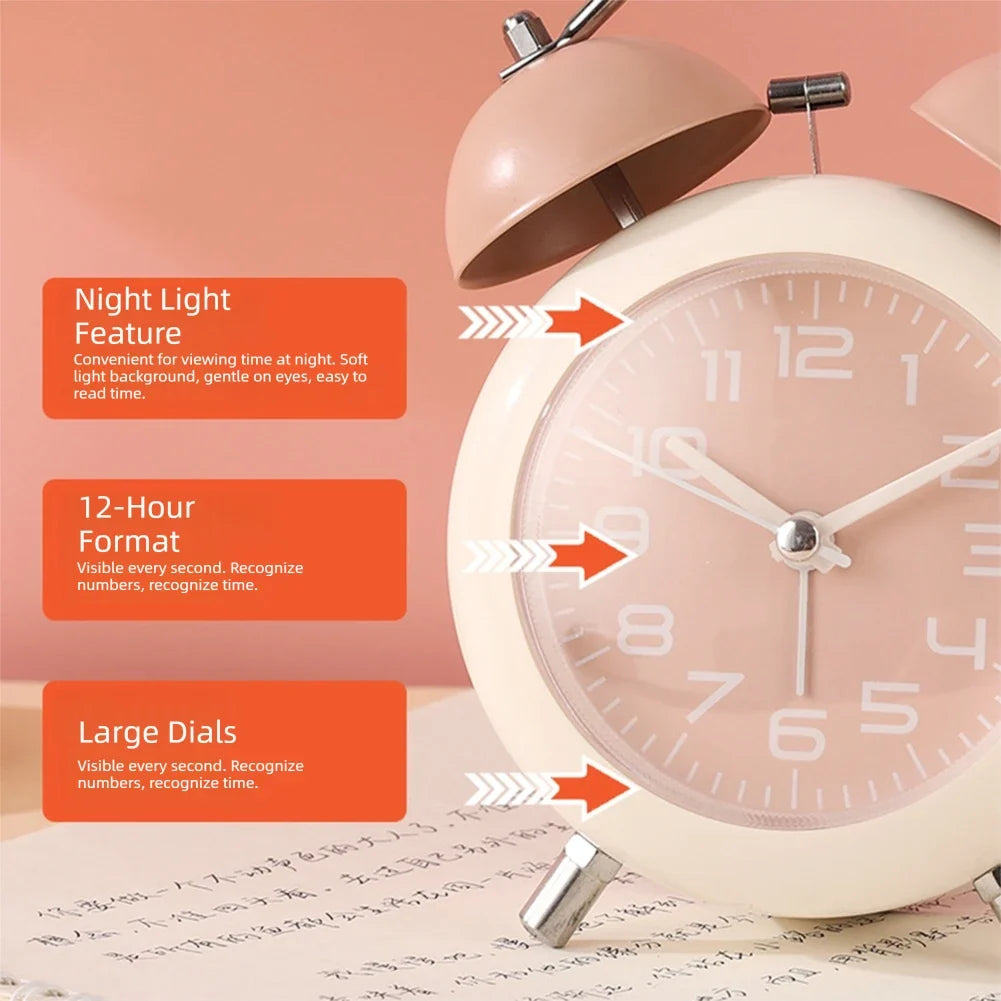 Retro Twin-Bell Alarm Clock – Silent, Loud & Night Light