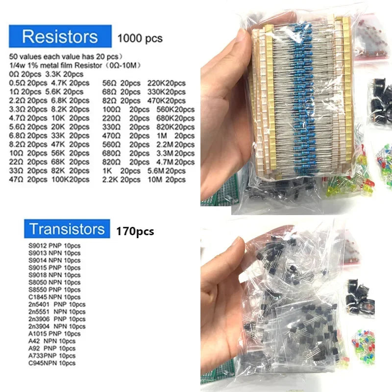 1818 Pcs Electronic Components Kit – Resistors, Capacitors, LEDs, ICs