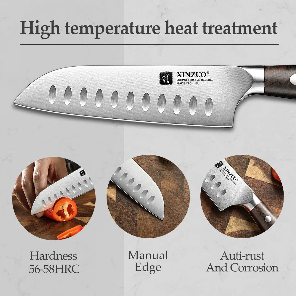 XINZUO 5-Inch Santoku Knife | German DIN 1.4116 Steel & Ebony Handle
