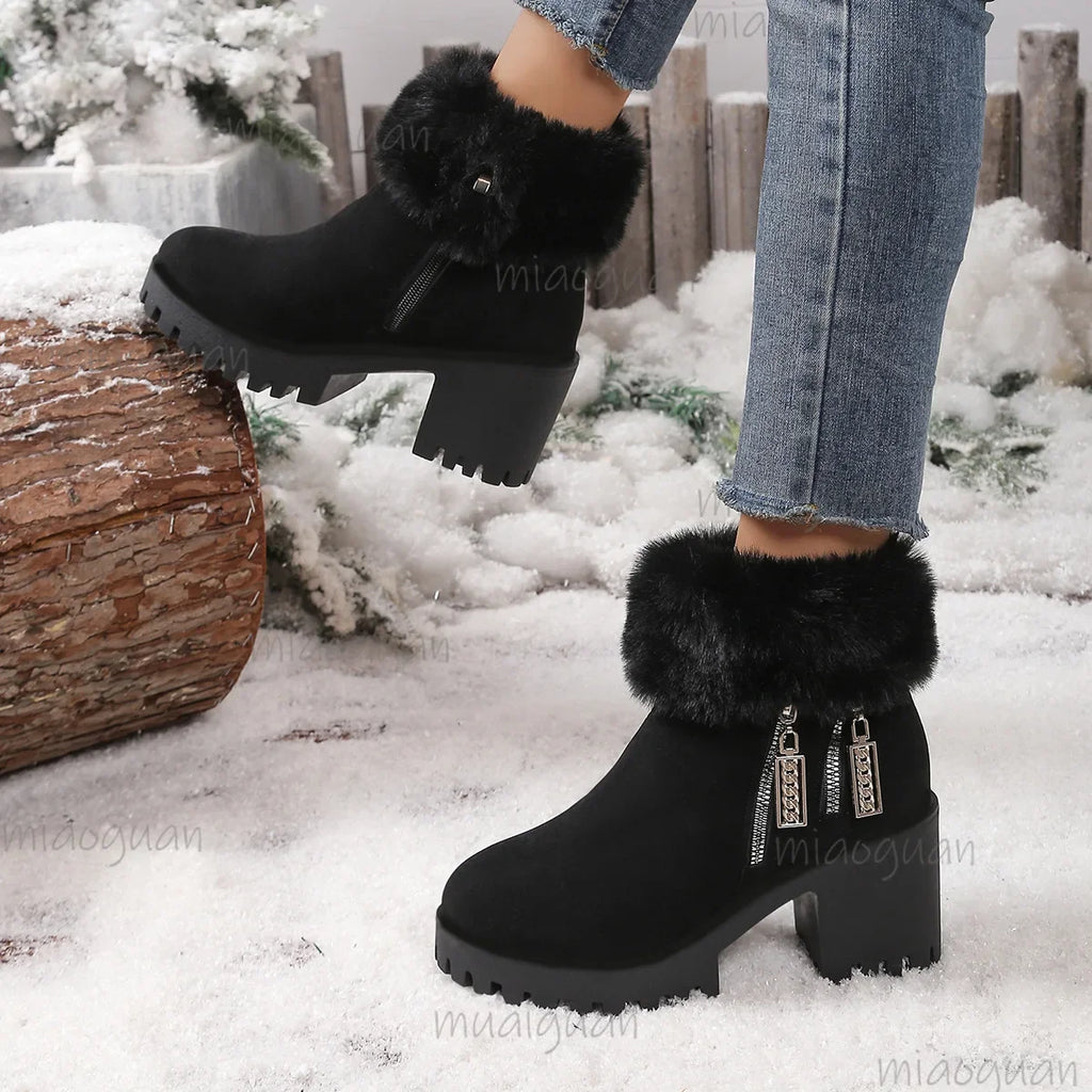 Women's Fluffy Ankle Boots – Furry High Heel Winter Snow Boots