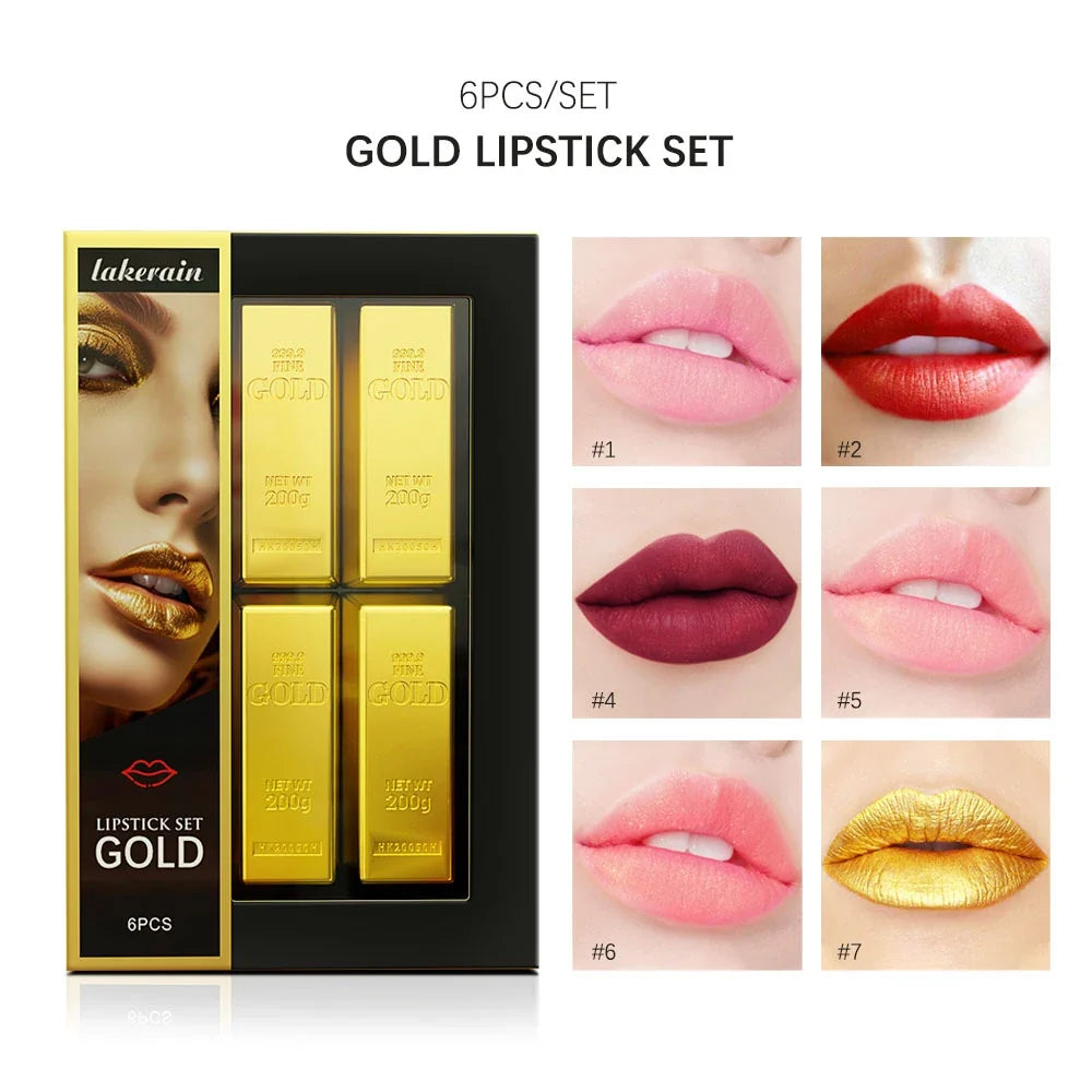 6-Piece Matte Lipstick Set – Gold Tube, Waterproof & Long-Lasting