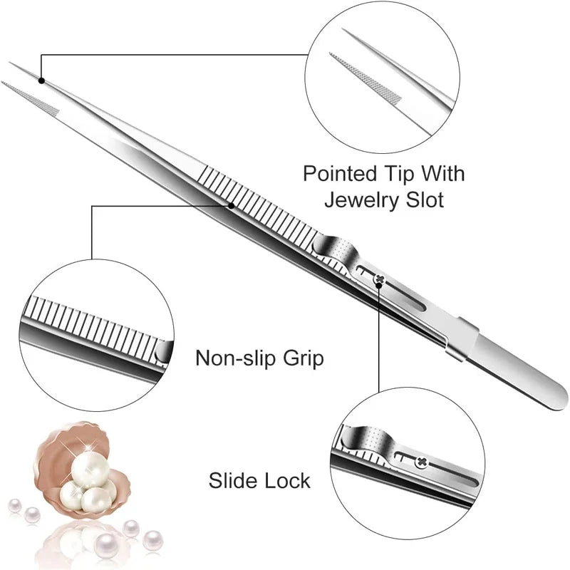 Stainless Steel Tweezers Adjustable Slide Lock Antistatic Jewelry