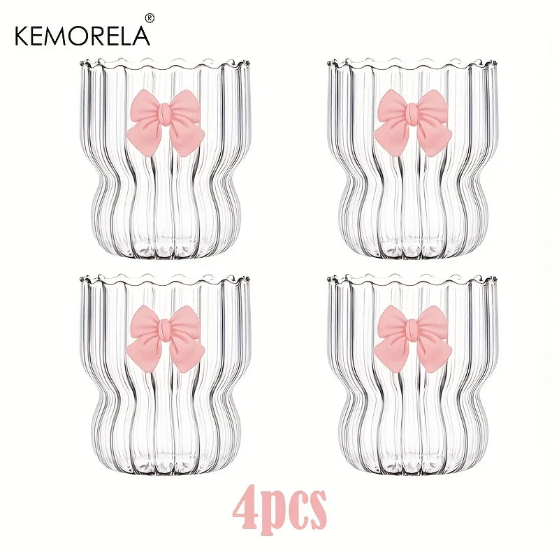KEMORELA Bow Vintage Ripple Glass Cups 350ml – Set of 2/4/6
