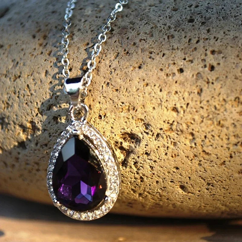 Huitan Purple Waterdrop CZ Pendant Necklace for Women
