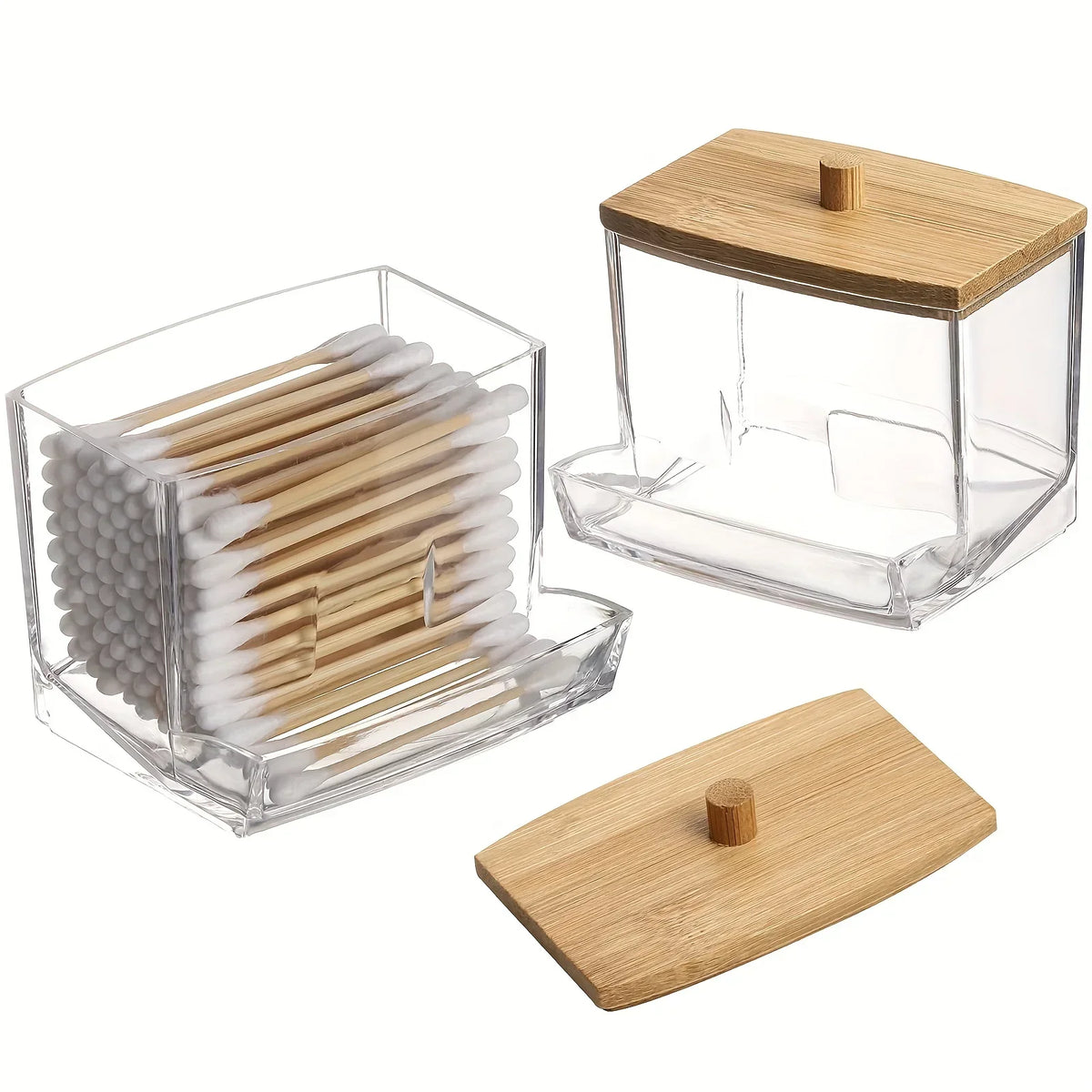 Cotton Swab Box Transparent Bamboo Cover Dustproof Toothpick Storage
