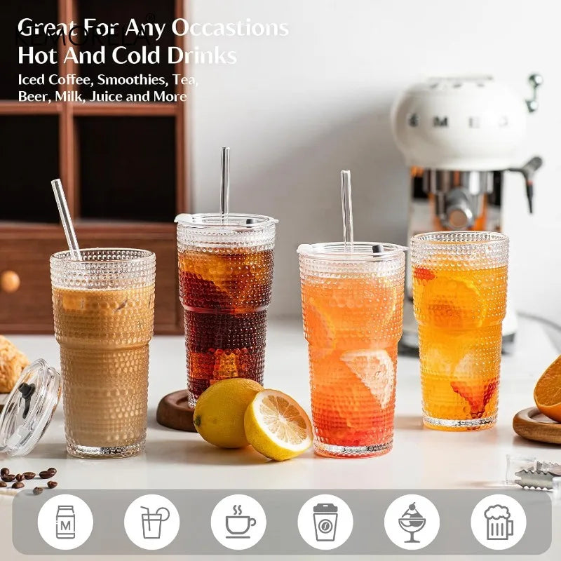 KEMORELA 600ml Hobnail Glass Tumbler with Lid & Straw