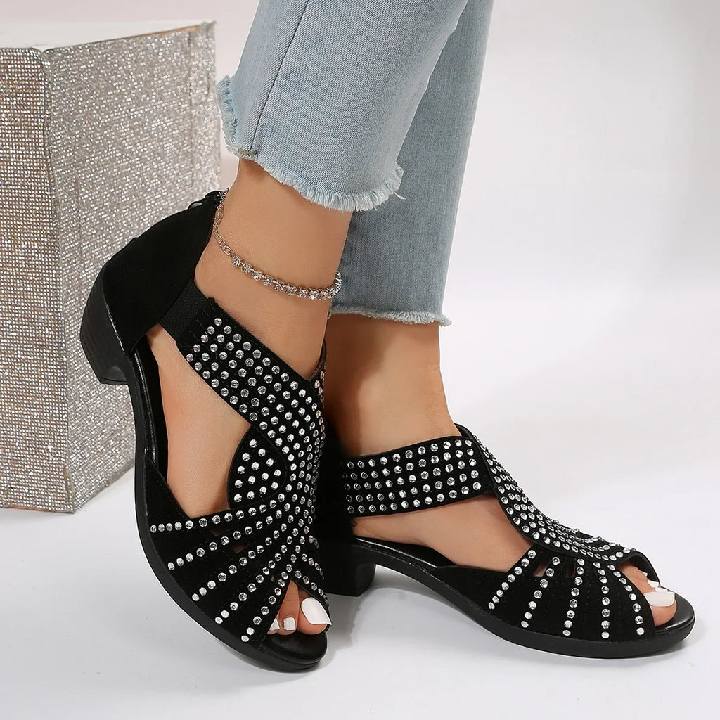 Women's Rhinestone Crystal Dance Sandals | Open Toe Square Heel