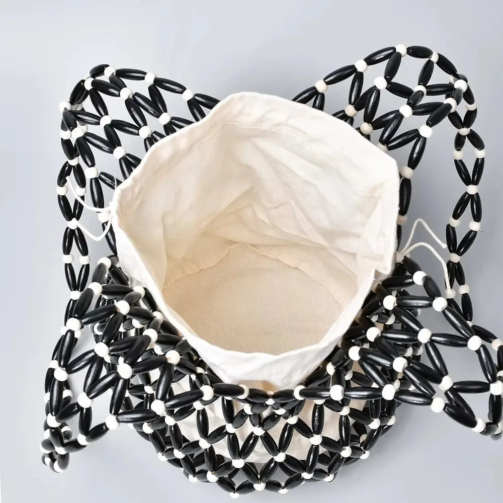 Women's Woven Wooden Bead Tote Bag – Hollow-Out Bucket Shoulder