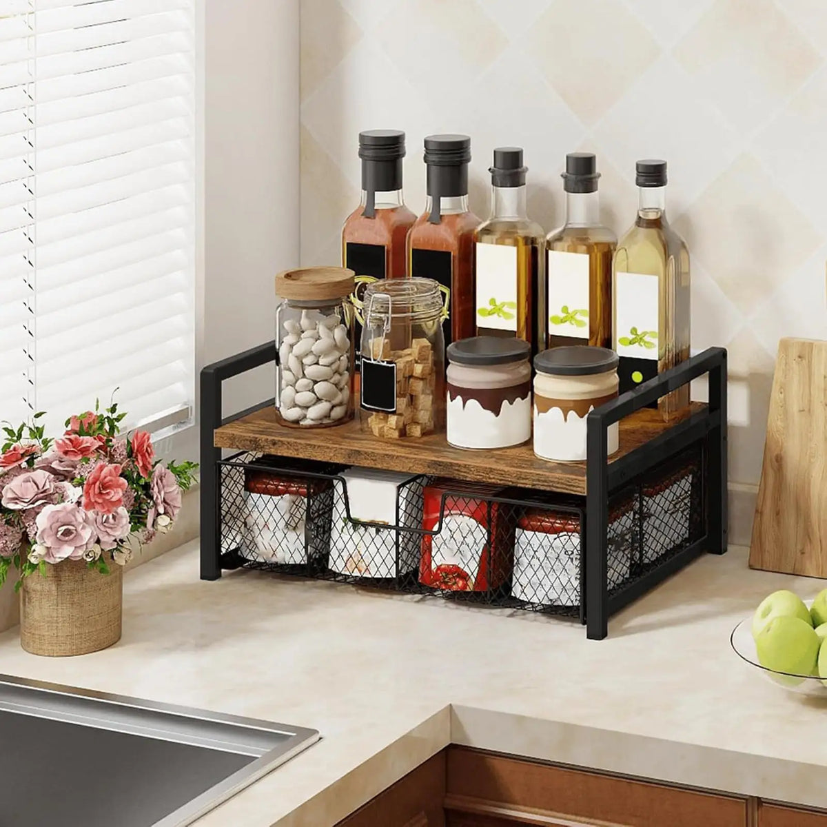 Rustic Wooden Tea Bag Organizer | Vintage Counter Storage Box