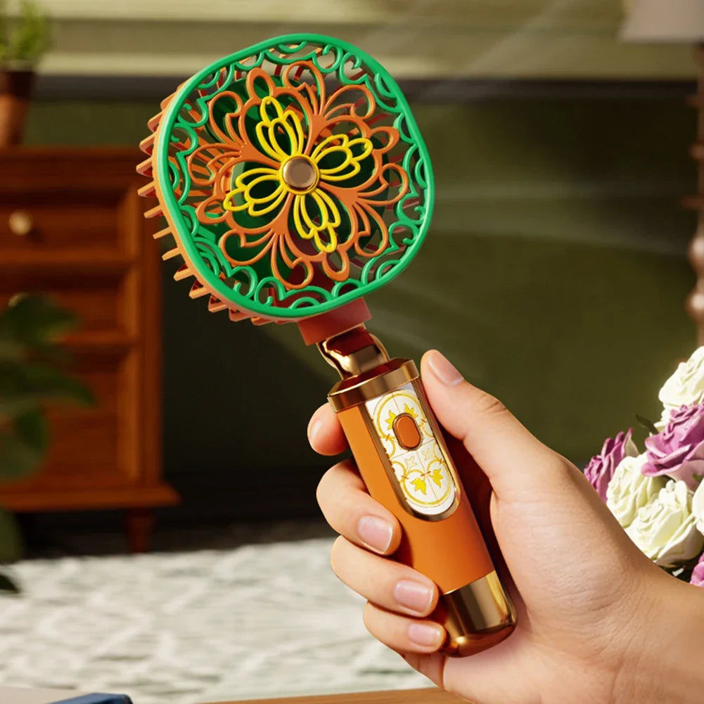 Vintage Floral Handheld Mini Fan – USB Rechargeable, 3 Speeds