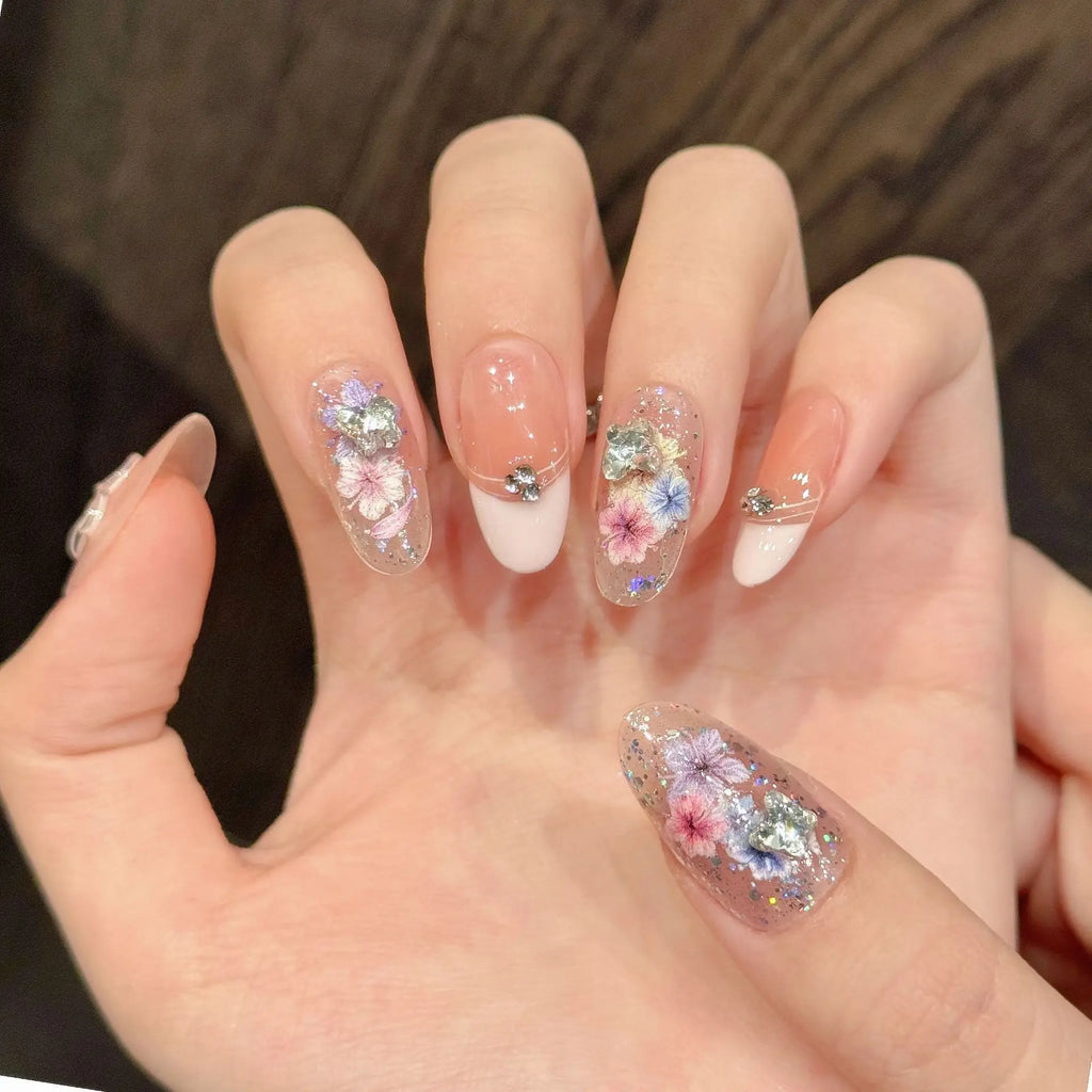 10-Piece Handmade Press-On Nails – Summer Floral French Tips