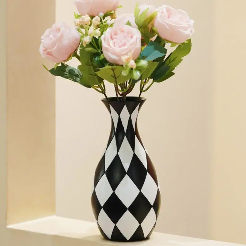 Black White Checkered Resin Vase | Modern Home Décor Accent