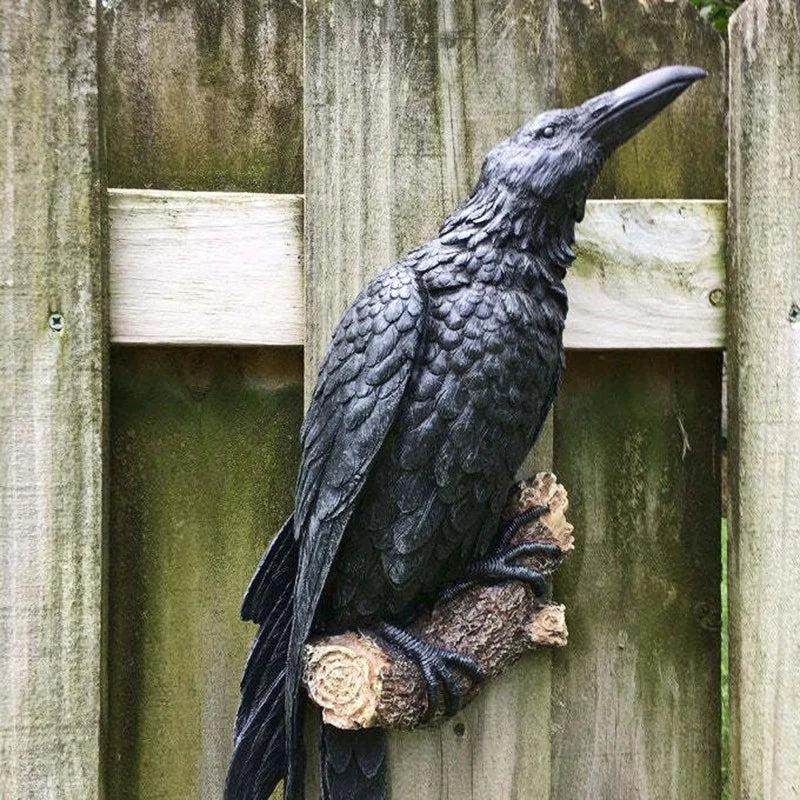 Fake Raven Resin Statue Crow Bird Sculpture Halloween Garden