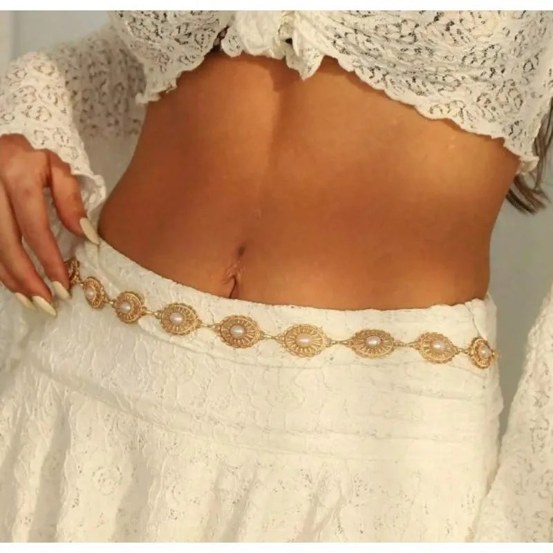 Pearl Waist Chain Belt – Retro Hollow Metal Body Chain