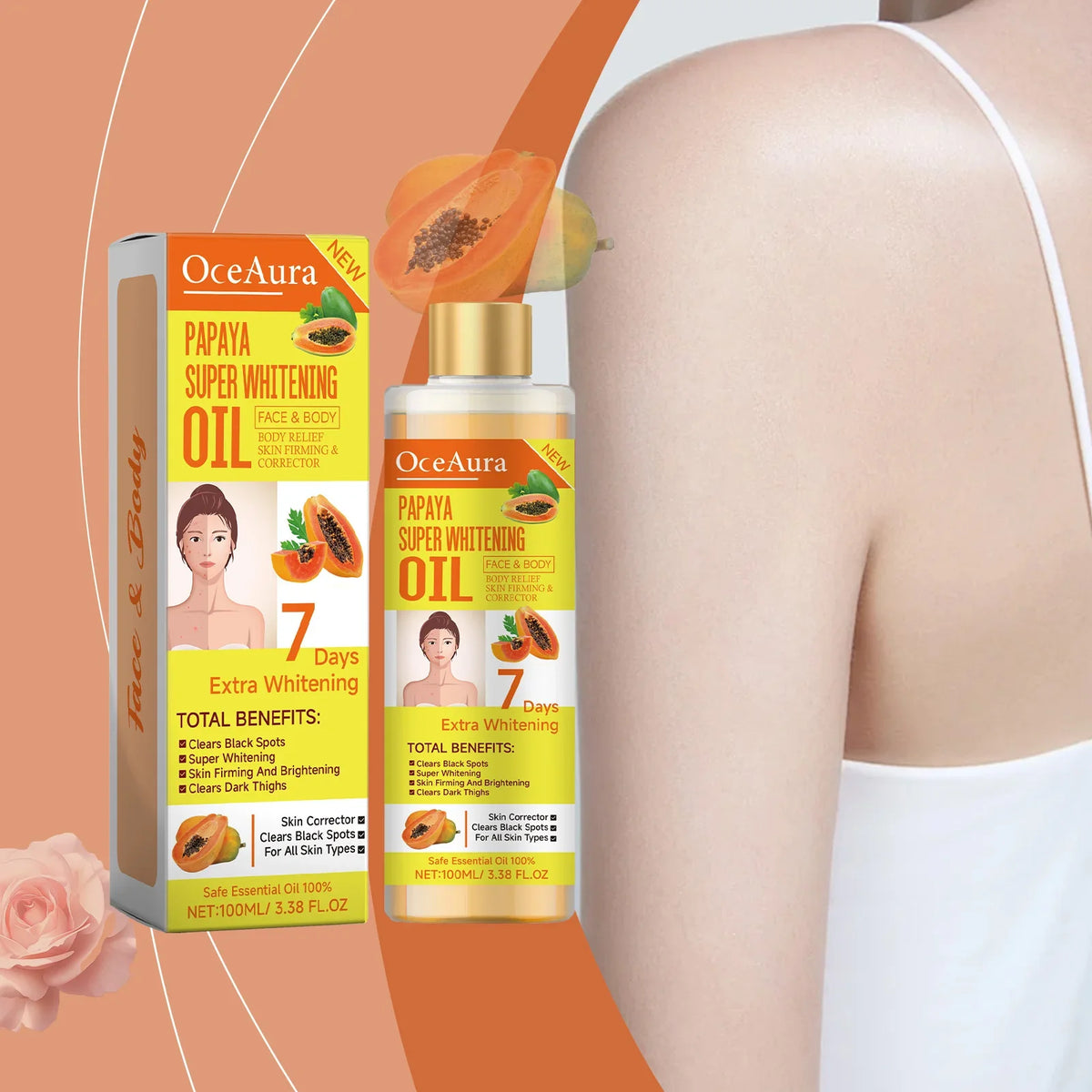 OCEAURA Papaya Whitening Body & Face Oil – 3.38 oz Moisturizer