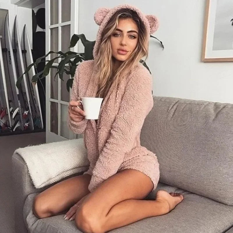 Women's Velvet Bear Ear Hoodie Pajamas – Long Sleeve Winter Set
