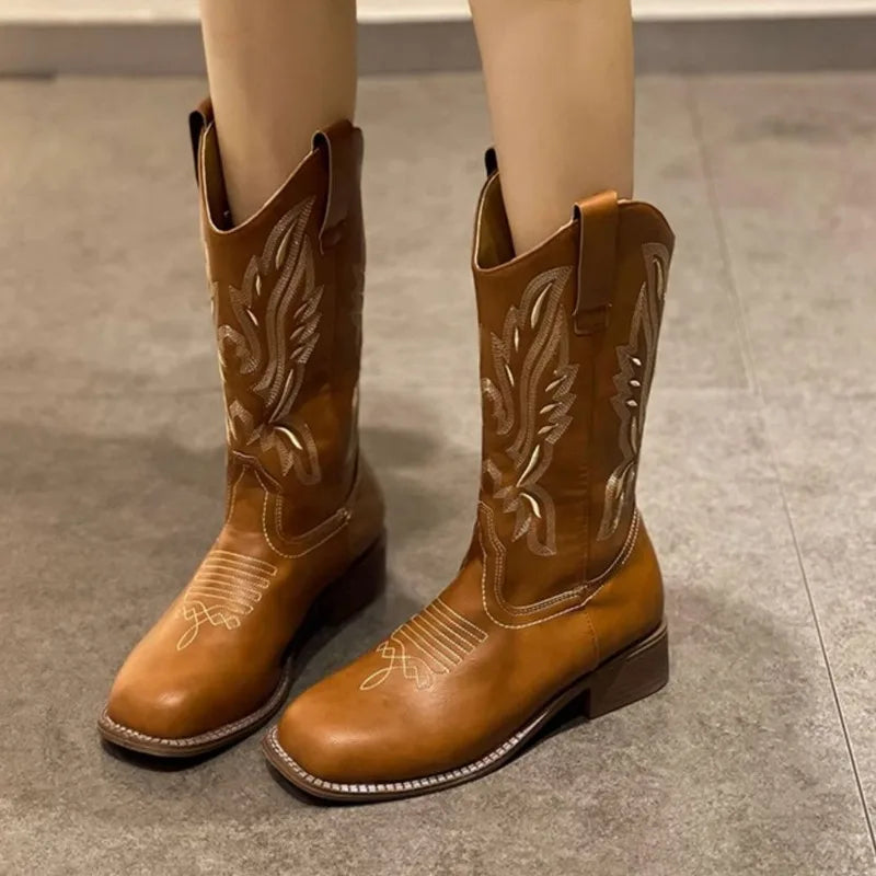 Women's Mid-Calf Embroidered Boots – Square Toe Block Heel