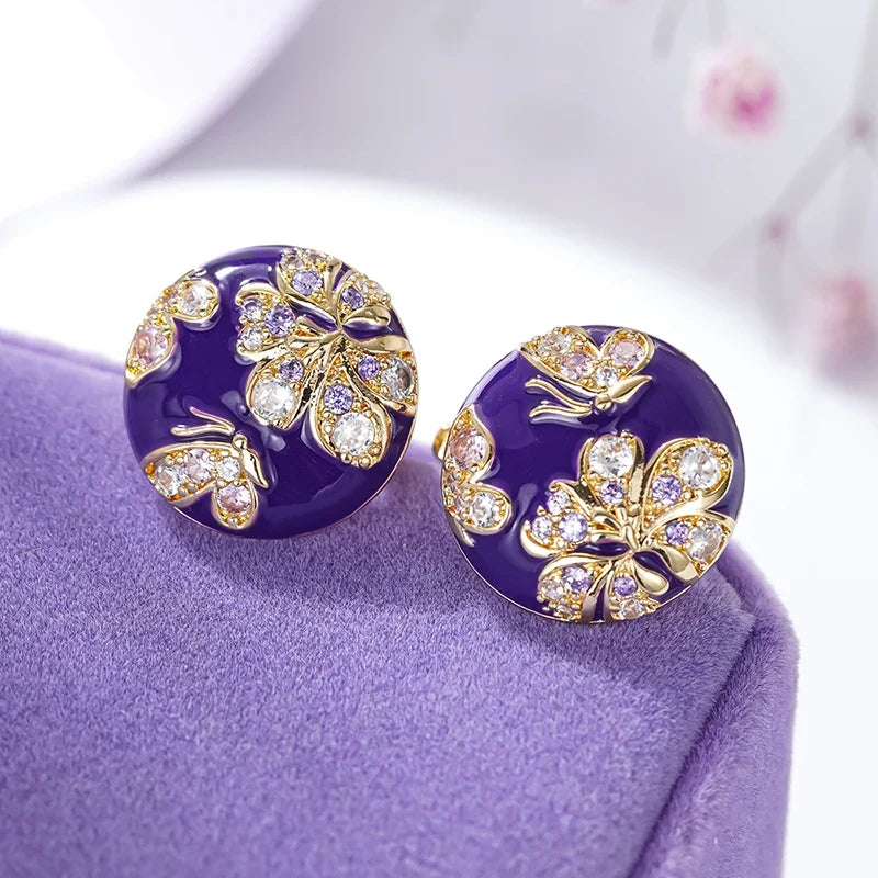 Huitan Purple Flower Enamel Gold Hoop Earrings for Women