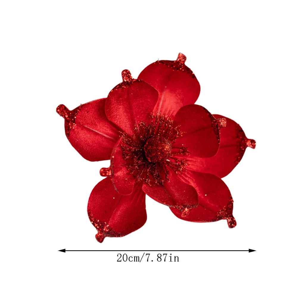 20cm Pink Glitter Magnolia Christmas Flower Pick | Xmas Decor
