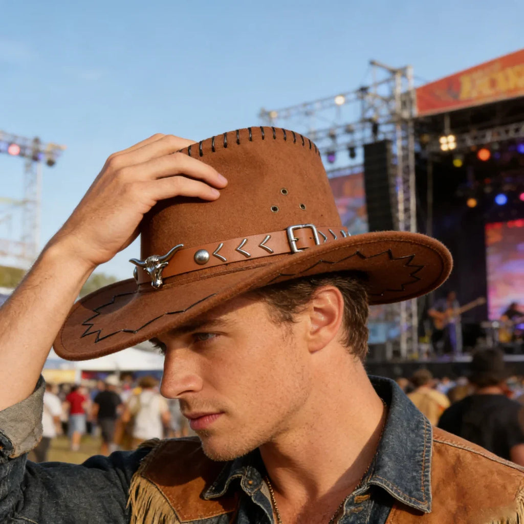 Vintage Brown Faux Suede Western Cowboy Hat Bull Skull Arrow Stitch