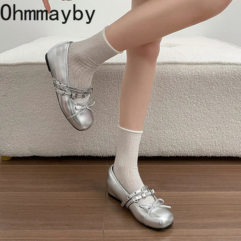 Women's Silver Mary Jane Hidden Wedge Shoes – Bow Buckle
